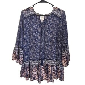 Knox Rose Blue Floral Boho Lace Up Peasant Top Bell Sleeve XL